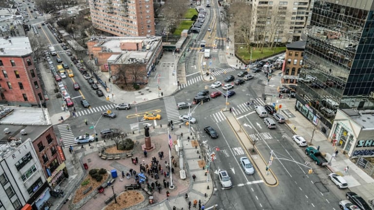 Aerial view of Chatham/Kimlau Square in New York City&#039;s Chinatown