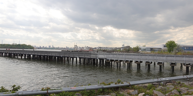 Blue Highway Facility, a long pier in Hunts Point, extends over a body of water, with NYC skyline visible in the distance under a cloudy sky. Green foliage and rocks line the waterfront in the foreground.